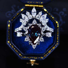 Load image into Gallery viewer, 3 Carat Pear Alexandrite Halo Floral Engagement Ring 14K White Gold Ring Set
