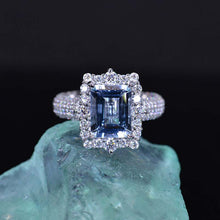 Load image into Gallery viewer, 3Ct Genuine Aquamarine Engagement Ring Halo Emerald Step Cut Aquamarine Engagement Ring