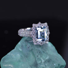Load image into Gallery viewer, 3Ct Genuine Aquamarine Engagement Ring Halo Emerald Step Cut Aquamarine Engagement Ring