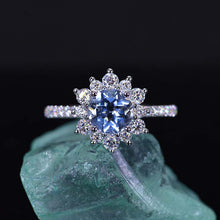 Load image into Gallery viewer, 2 Carat Round Aquamarine Snowflake Halo Engagement Ring. Victorian 14K White Gold Ring