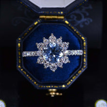 Load image into Gallery viewer, 2 Carat Round Aquamarine Snowflake Halo Engagement Ring. Victorian 14K White Gold Ring