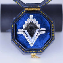 Load image into Gallery viewer, 4 Carat Black Rutile Quartz Kite Shape Step Cut, Tourmalated Quartz Halo Gold Engagement Ring, Eternity Ring Set