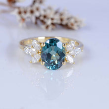 Load image into Gallery viewer, 14K Rose Gold 2 Carat Oval Teal Sapphire Halo Vintage Engagement Ring