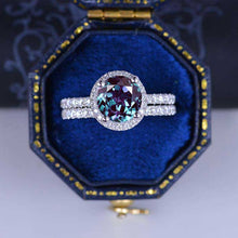 Load image into Gallery viewer, Round Halo Alexandrite ring set, Alexandrite Halo ring, Alexandrite ring, Alexandrite round cut vintage ring set