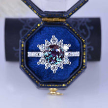 Load image into Gallery viewer, 2 Carat Round Alexandrite Snowflake Halo Engagement Ring. Victorian 14K White Gold Ring