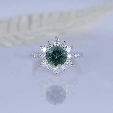 Load image into Gallery viewer, 2 Carat Round Teal Sapphire Snowflake Halo Engagement Ring. Victorian 14K White Gold Ring