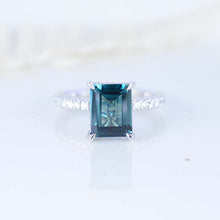 Load image into Gallery viewer, 3 Carat Emerald Cut Teal Sapphire Hidden Halo Engagement Ring