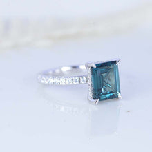 Load image into Gallery viewer, 3 Carat Emerald Cut Teal Sapphire Hidden Halo Engagement Ring