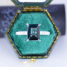 Load image into Gallery viewer, 3 Carat Emerald Cut Teal Sapphire Hidden Halo Engagement Ring
