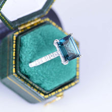 Load image into Gallery viewer, 3 Carat Emerald Cut Teal Sapphire Hidden Halo Engagement Ring