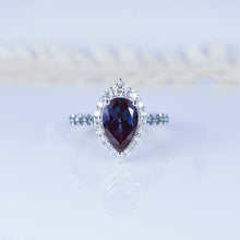 Load image into Gallery viewer, 14K Solid White Gold 3 Carat Alexandrite Pear Cut Halo Moissanite and Alexandrite Accents Ring