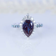 Load image into Gallery viewer, 14K Solid White Gold 3 Carat Alexandrite Pear Cut Halo Moissanite and Alexandrite Accents Ring