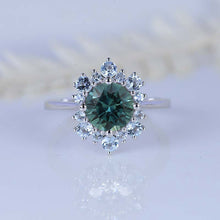 Load image into Gallery viewer, 2 Carat Snowflake Teal Sapphire with Teal Sapphire Halo 14K White Gold Ring