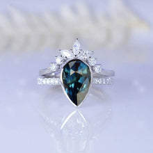 Load image into Gallery viewer, 3 Carat Pear Teal Sapphire Halo V Shaped Engagement Ring Eternity Ring Set