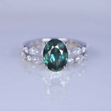 Load image into Gallery viewer, 14K White Gold 2 Carat Oval Teal Sapphire Vintage Engagement Ring, Eternity Ring Set