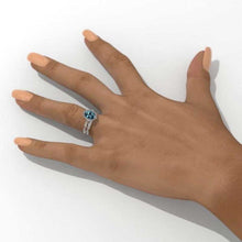 Load image into Gallery viewer, 14K Solid Gold Ring 1.5CT Oval Teal Sapphire Wedding Ring Teal Sapphire Halo Engagement Ring Anniversary Promise Eternity Gold Ring Set