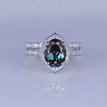 Load image into Gallery viewer, 14K Solid Gold Ring 1.5CT Oval Alexandrite Wedding Ring Alexandrite Halo Engagement Ring Anniversary Promise Eternity Gold Ring Set