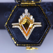 Load image into Gallery viewer, 14K Gold 4 Carat Kite Citrine Halo Engagement Ring, Eternity Ring Set