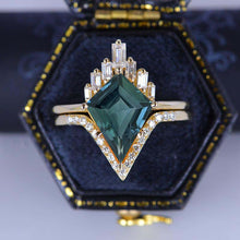 Load image into Gallery viewer, 14K Gold 2.5 Carat Kite Teal Sapphire Halo Engagement Ring, Eternity Ring Set