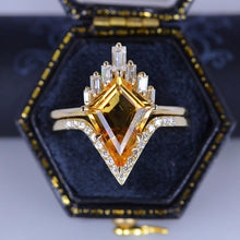 Load image into Gallery viewer, 14K Gold 4 Carat Kite Citrine Halo Engagement Ring, Eternity Ring Set