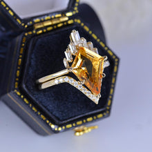 Load image into Gallery viewer, 14K Gold 4 Carat Kite Citrine Halo Engagement Ring, Eternity Ring Set