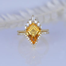 Load image into Gallery viewer, 14K Gold 4 Carat Kite Citrine Halo Engagement Ring, Eternity Ring Set