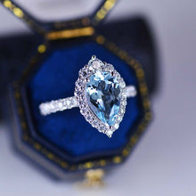 Load image into Gallery viewer, 3 Carat Pear Cut Aquamarine Halo Moissanite 14K White Gold Ring