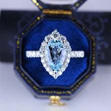 Load image into Gallery viewer, 3 Carat Pear Cut Aquamarine Halo Moissanite 14K White Gold Ring