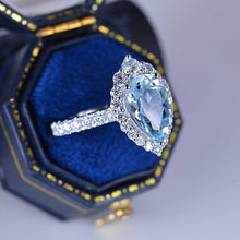 Load image into Gallery viewer, 3 Carat Pear Cut Aquamarine Halo Moissanite 14K White Gold Ring