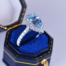 Load image into Gallery viewer, 3 Carat Pear Cut Aquamarine Halo Moissanite 14K White Gold Ring
