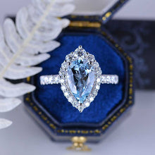 Load image into Gallery viewer, 3 Carat Pear Cut Aquamarine Halo Moissanite 14K White Gold Ring