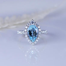 Load image into Gallery viewer, 3 Carat Pear Cut Aquamarine Halo Moissanite 14K White Gold Ring