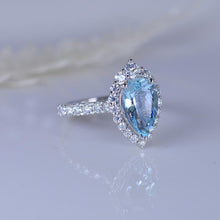 Load image into Gallery viewer, 3 Carat Pear Cut Aquamarine Halo Moissanite 14K White Gold Ring