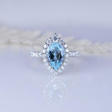 Load image into Gallery viewer, 3 Carat Pear Cut Aquamarine Halo Moissanite 14K White Gold Ring
