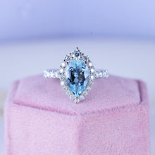 Load image into Gallery viewer, 3 Carat Pear Cut Aquamarine Halo Moissanite 14K White Gold Ring