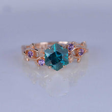 Load image into Gallery viewer, 3 Carat Hexagon Teal Sapphire Floral 14K Rose Gold Engagement Ring