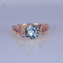 Load image into Gallery viewer, 3 Carat Hexagon Genuine Natural Aquamarine Floral 14K Rose Gold Engagement Ring