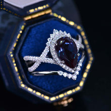 Load image into Gallery viewer, 14K White Gold 3 Carat Pear Alexandrite Halo Twisted Engagement Ring Eternity Ring Set