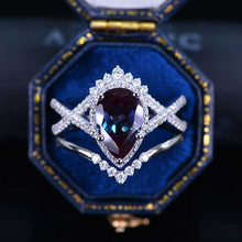 Load image into Gallery viewer, 14K White Gold 3 Carat Pear Alexandrite Halo Twisted Engagement Ring Eternity Ring Set