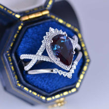 Load image into Gallery viewer, 14K White Gold 3 Carat Pear Alexandrite Halo Twisted Engagement Ring Eternity Ring Set