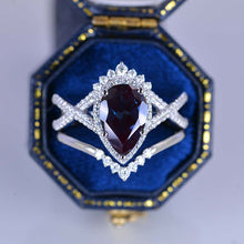 Load image into Gallery viewer, 14K White Gold 3 Carat Pear Alexandrite Halo Twisted Engagement Ring Eternity Ring Set