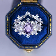 Load image into Gallery viewer, 1 Carat Oval Purple Sapphire Halo 14K White Gold Floral Engagement Ring Set