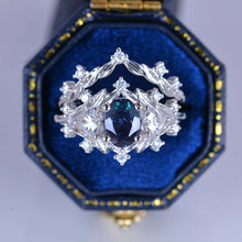 Load image into Gallery viewer, 1 Carat Oval Alexandrite Halo 14K White Gold Floral Engagement Ring Set