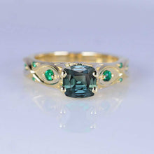 Load image into Gallery viewer, 14K Yellow Gold Cushion Teal Sapphire Celtic Engagement Ring