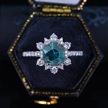 Load image into Gallery viewer, 3 Carat Hexagon Teal Sapphire Snowflake Halo Engagement Ring. Victorian 14K White Gold Ring