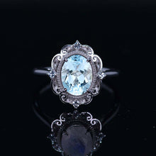 Load image into Gallery viewer, 14K Solid White Gold Dainty Aquamarine Ring, 2ct Oval Cut Aquamarine Ring, Unique Oval Halo Vintage Ring.