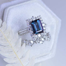 Load image into Gallery viewer, 2Ct Alexandrite Engagement Ring Halo Emerald Cut Alexandrite Engagement Ring, 8x6mm Step Cut Alexandrite Engagement Ring with Eternity Band
