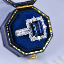 Load image into Gallery viewer, 2Ct Alexandrite Engagement Ring Halo Emerald Cut Alexandrite Engagement Ring, 8x6mm Step Cut Alexandrite Engagement Ring with Eternity Band