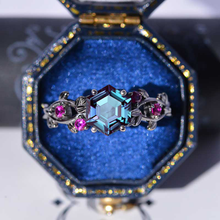 Load image into Gallery viewer, 3 Carat Hexagon Alexandrite Floral 14K Black Gold Engagement Ring