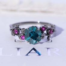 Load image into Gallery viewer, 3 Carat Hexagon Teal Sapphire Floral 14K Black Gold Engagement Ring